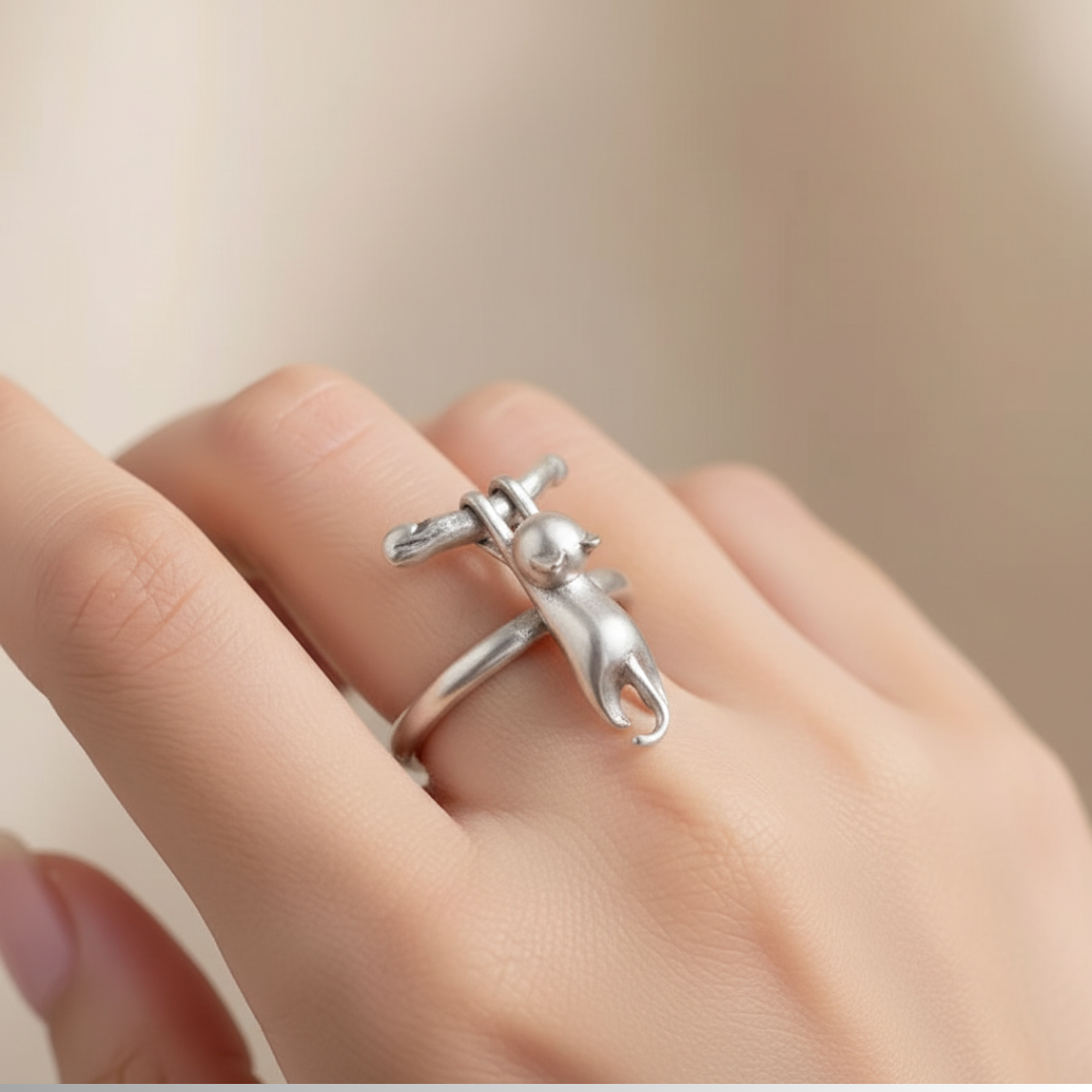 Hang In There Cat | Sterling Silver Adjustable Ring
