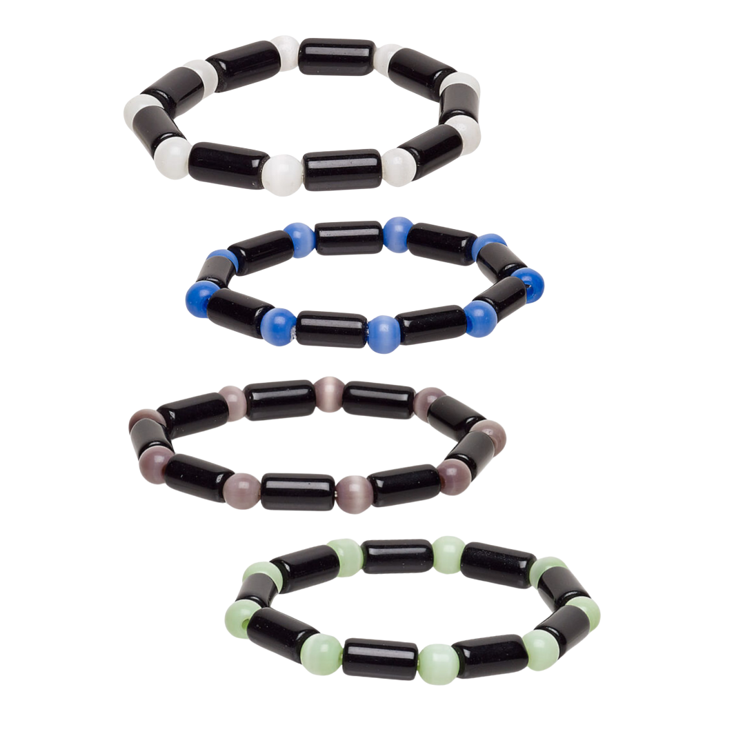 Set of four beaded bracelets with different color combinations on a white background