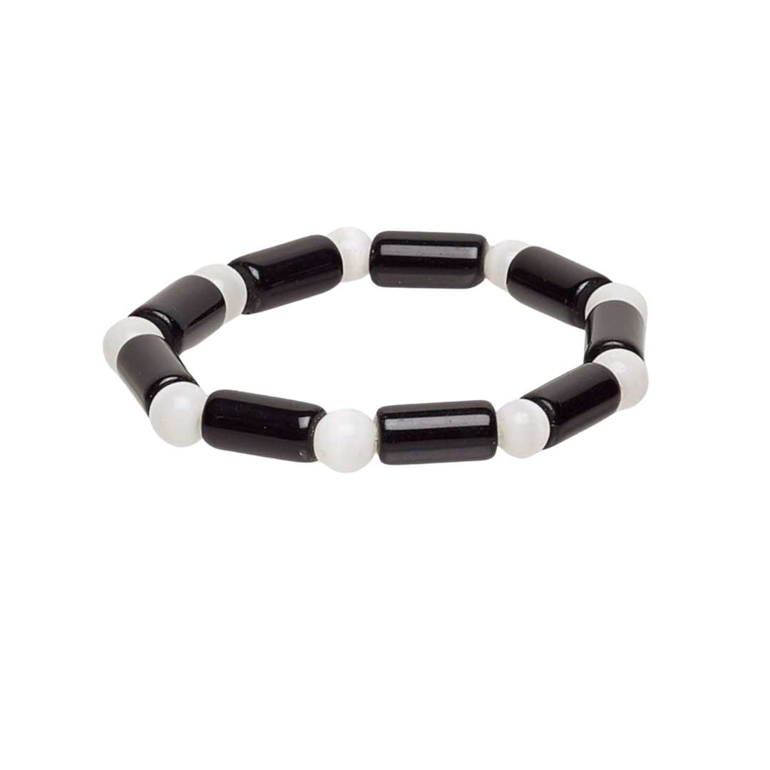 Black and white beaded bracelet on a white background