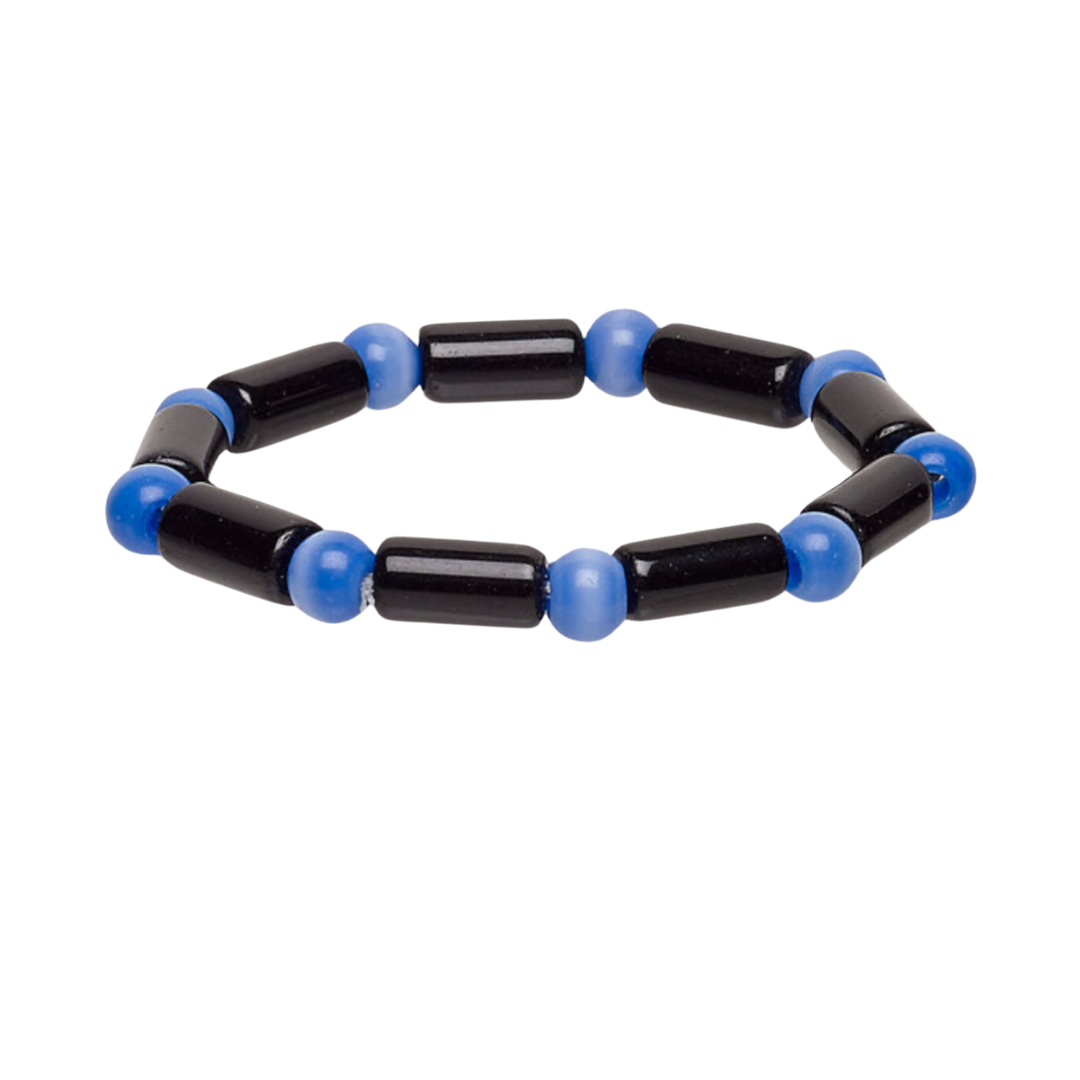 Black and blue beaded bracelet on a white background