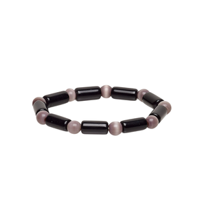 Black and purple beaded bracelet on a white background