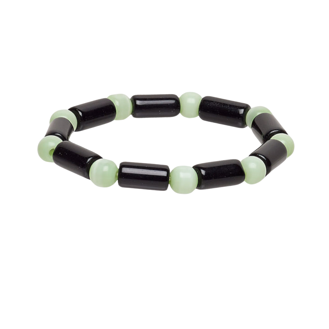 Black and green beaded bracelet on a white background