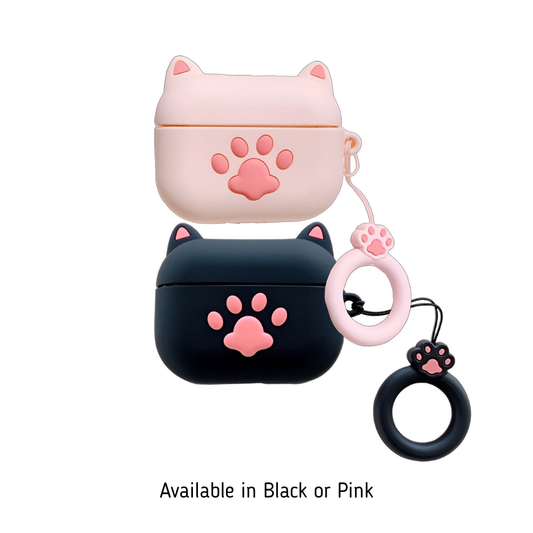 Cat-shaped airpod cases with paw prints in black and pink on a white background.