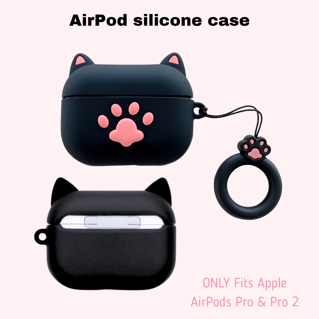 Black AirPod silicone case with pink paw print and matching ring on a white background