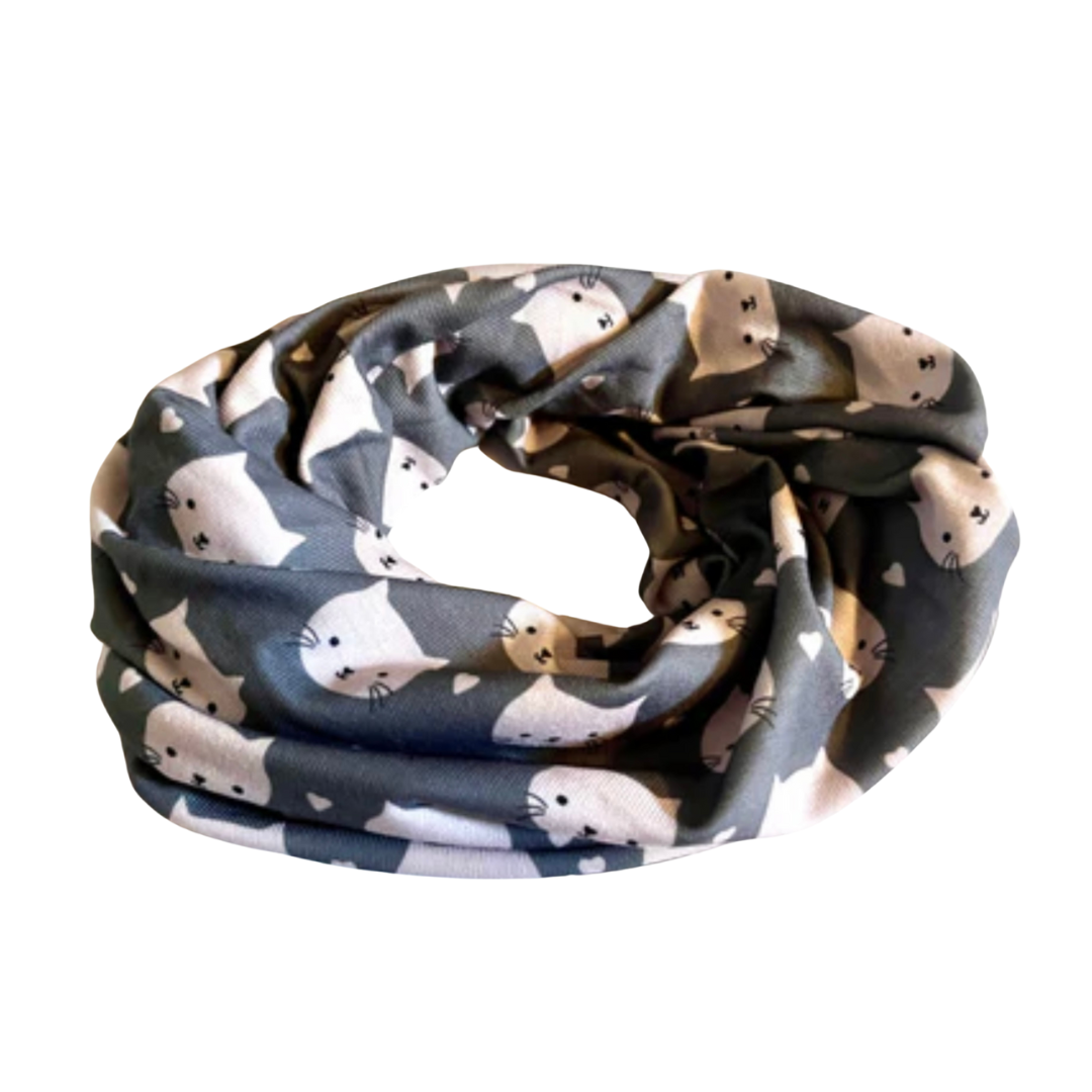 Circular scarf with white cat on grey fabric pattern on a white background