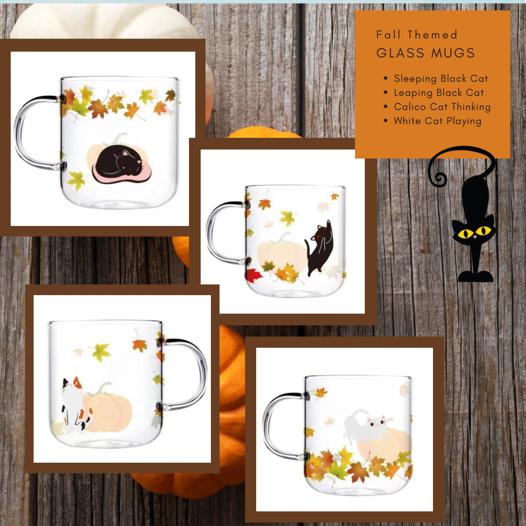 Glass Cat Mug | Fall Leaves and Pumpkin Design