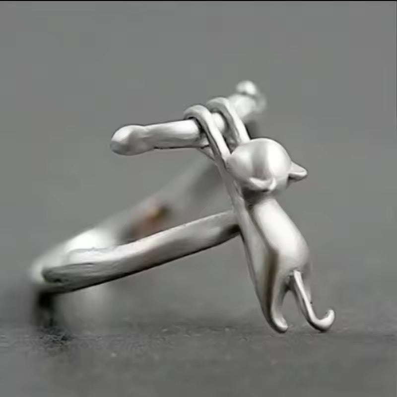 Hang In There Sterling Adjustable Cat Ring