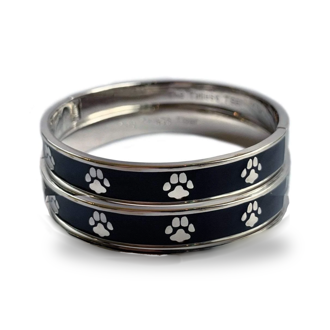 Silver Paws on Black Enamel | Cat Bangle Bracelet