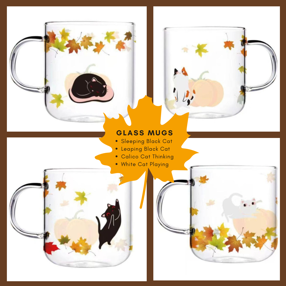 Glass Cat Mug | Fall Leaves and Pumpkin Design