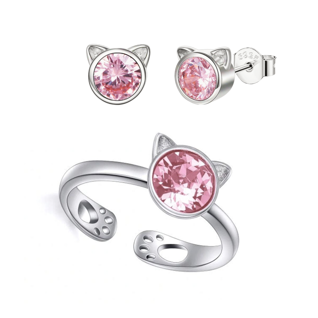 GIFT SET: Sterling Silver Crystal Cat Earrings &amp; Matching Ring