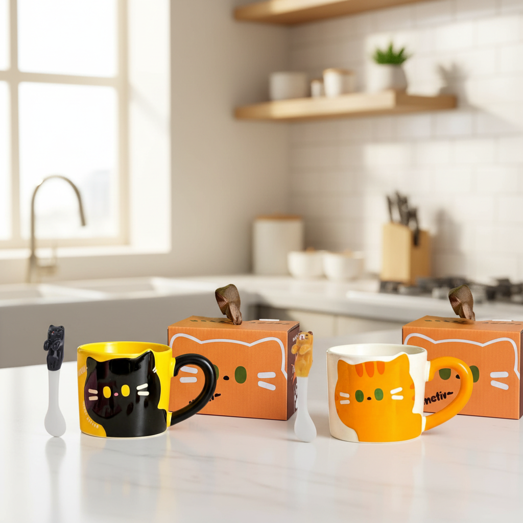Bright Ceramic Cat Mug &amp; Matching Spoon