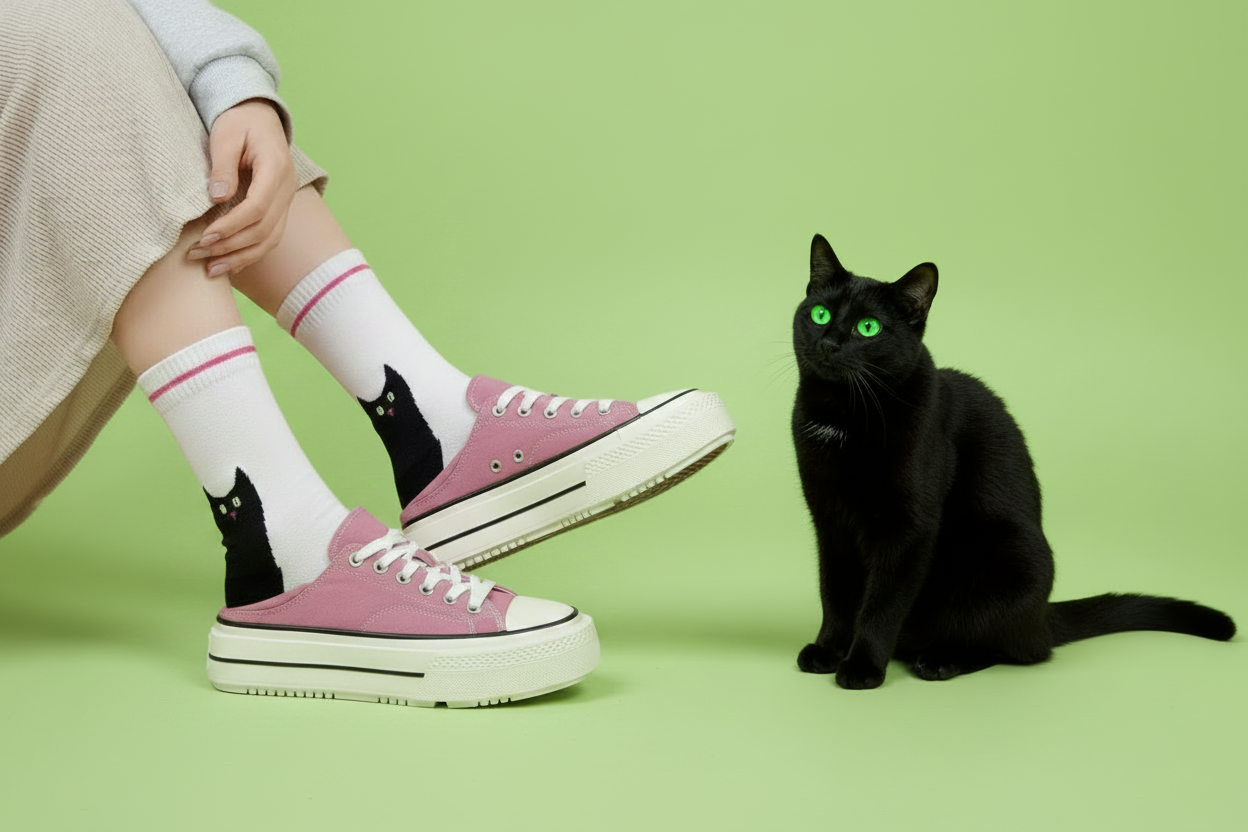 A person wearing pink low-top sneakers with white socks featuring a black cat graphic sits on a light green studio background, with a black cat sitting to the right.