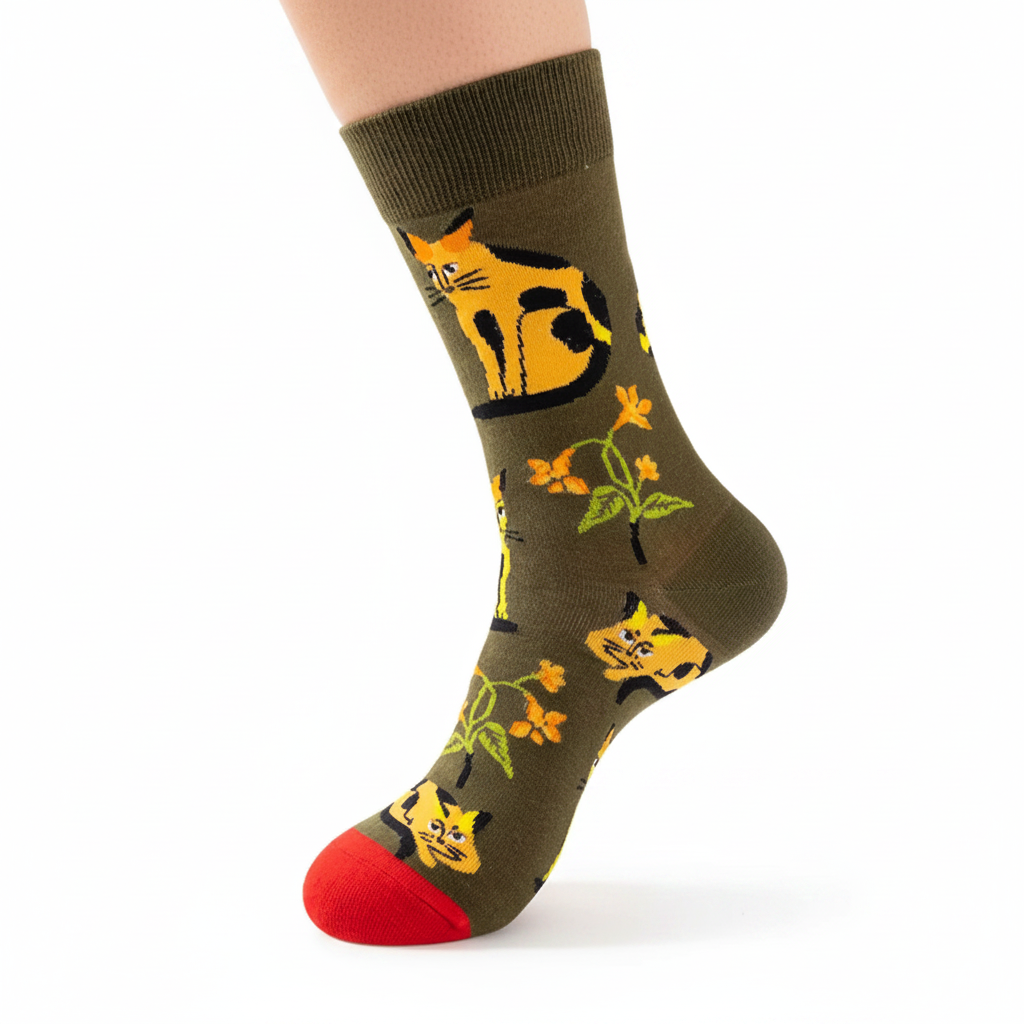 Green Sock with orange cat and flower pattern on a white background