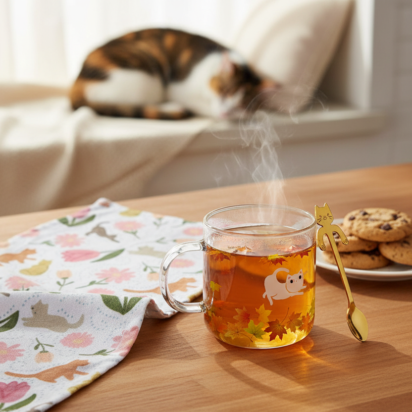 Steaming hot glass mug of tea with a cat-themed spoon on a wooden table, with a cat lying on a couch in the background.