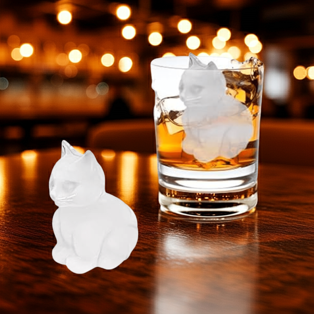 cat shaped ice cube sitting in front of glass. also cat shaped ice cube in glass with liquid