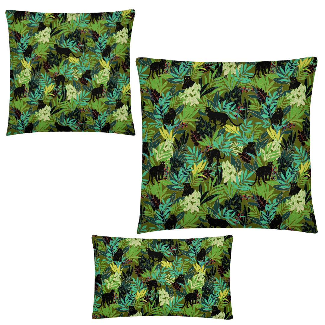 Set of three pillows with a black panther and leaf pattern on a white background