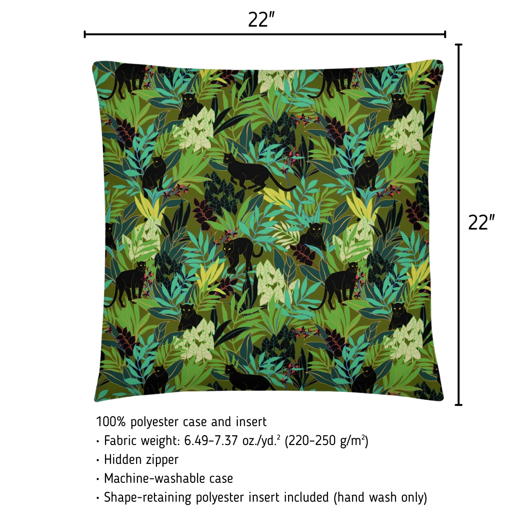 Decorative pillow with jungle leaf and panther pattern and measurements on a white background