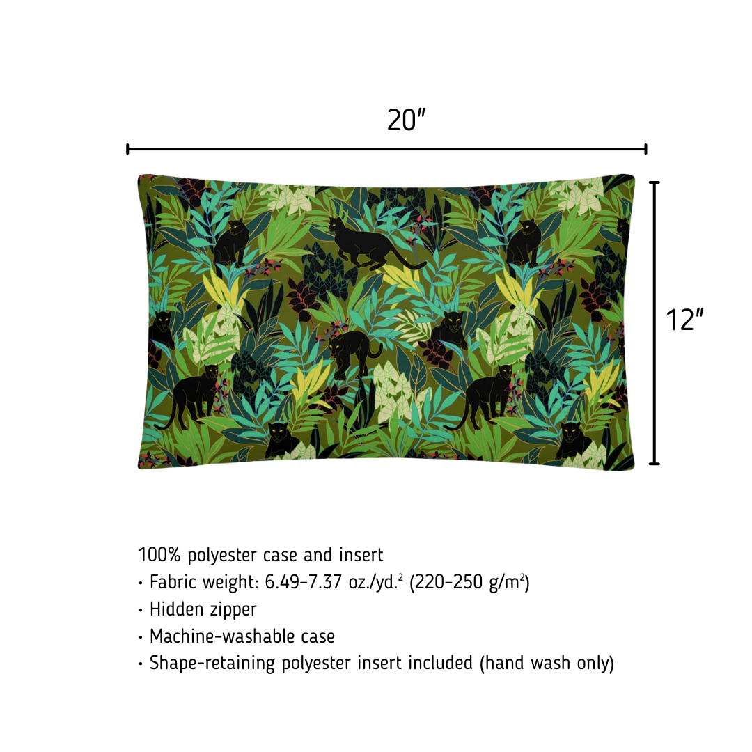 Pillow with jungle leaf and panther pattern and dimensions on a white background