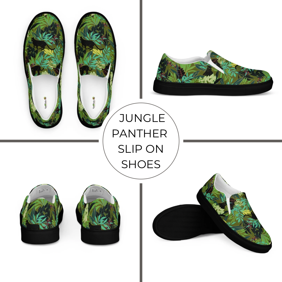 Jungle Panther slip-on shoes with a tropical leaf pattern on a white background