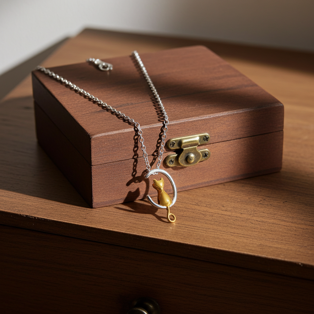 Necklace with a Cat on a Crescent Moon pendant on a silver necklace. The necklace is draped over a wooden box.