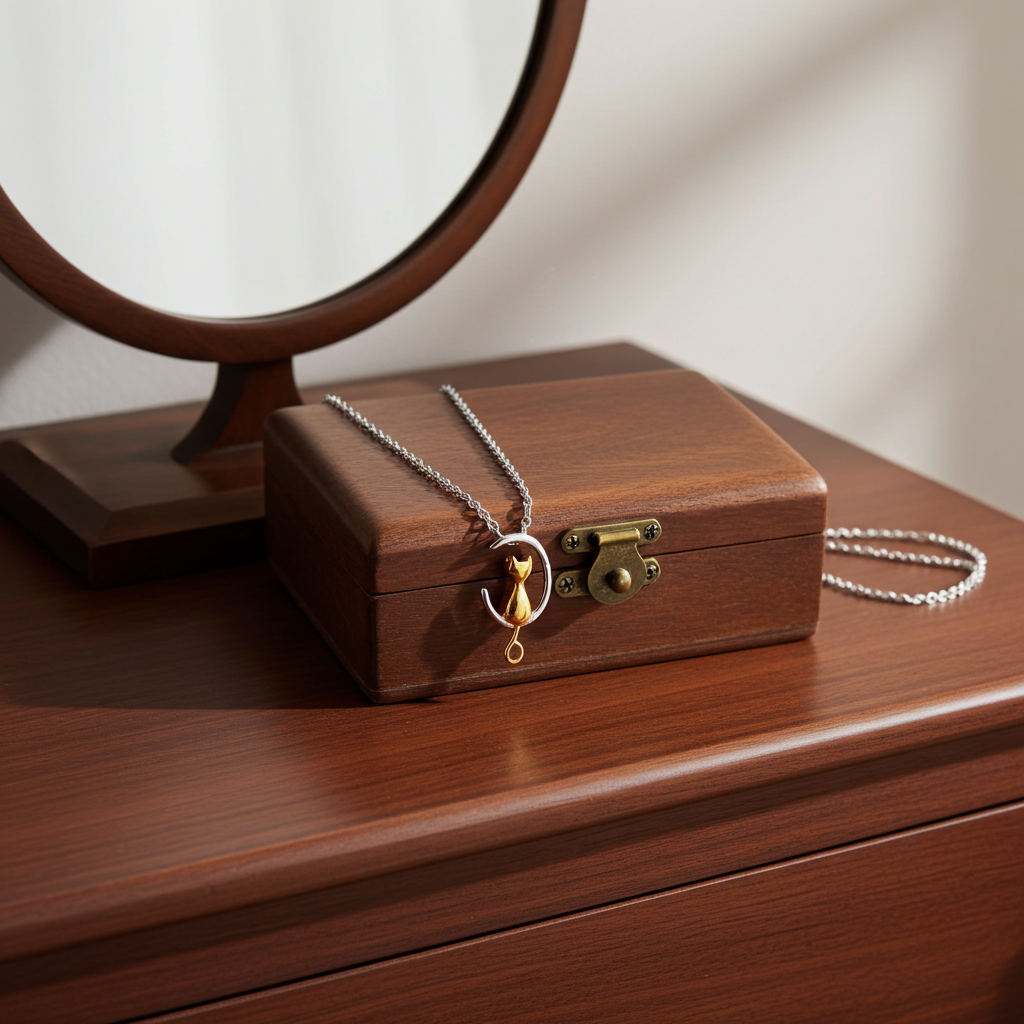 Wooden jewelry box with a gold and silver Cat on a Crescent Moon necklace on a wooden surface