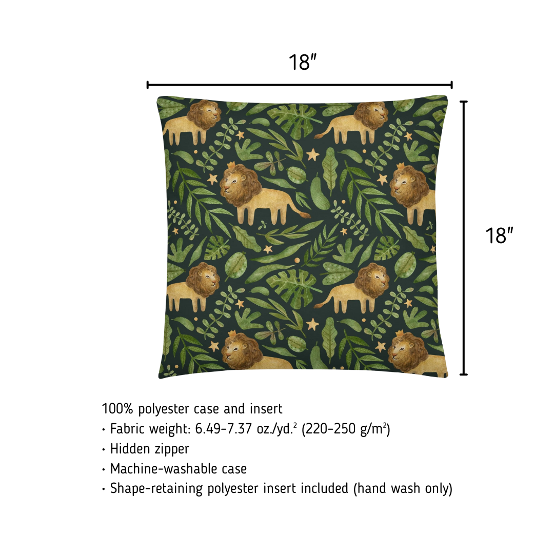 Decorative pillow with lion and leaf pattern and measurements on a white background