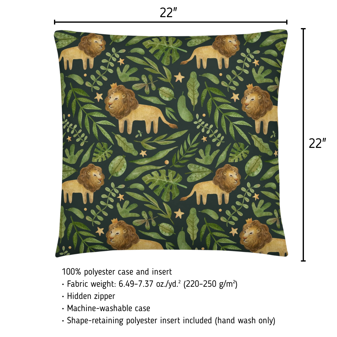 Pillow with lion and leaf pattern and dimensions displayed