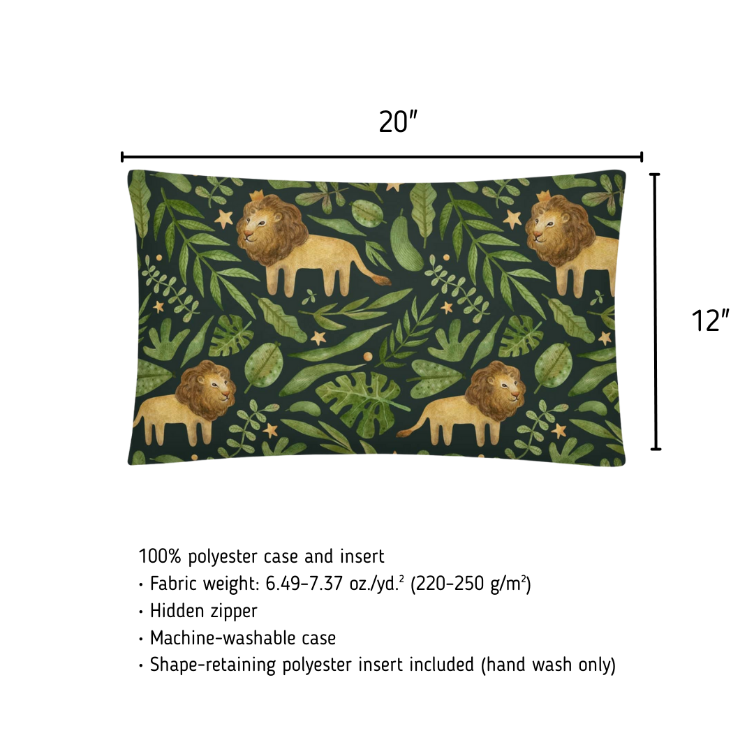 Pillow with lion and leaf pattern and dimensions on a white background