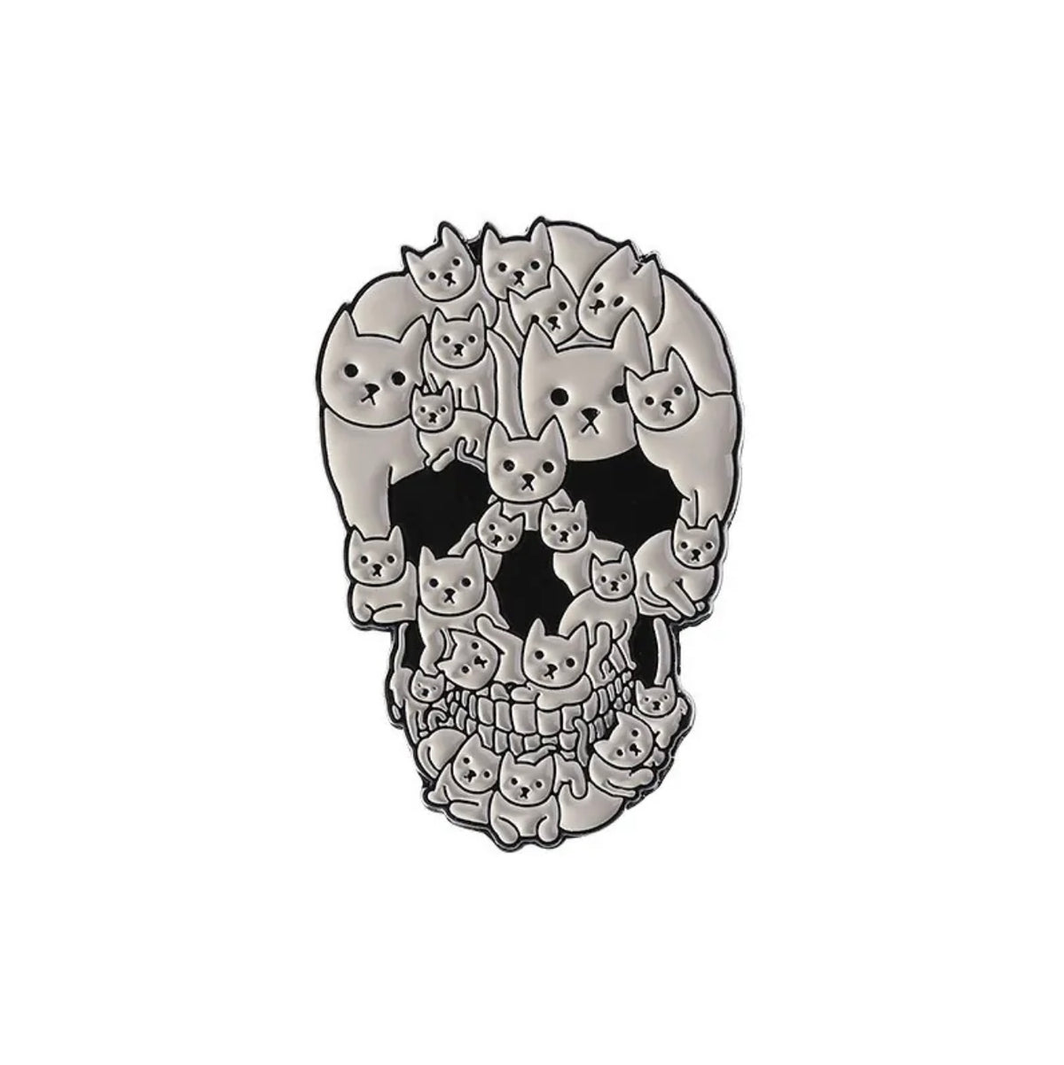 A skull-shaped Enamel Pin with a collage of small cartoon cats in gray and black, shown on a plain white background.