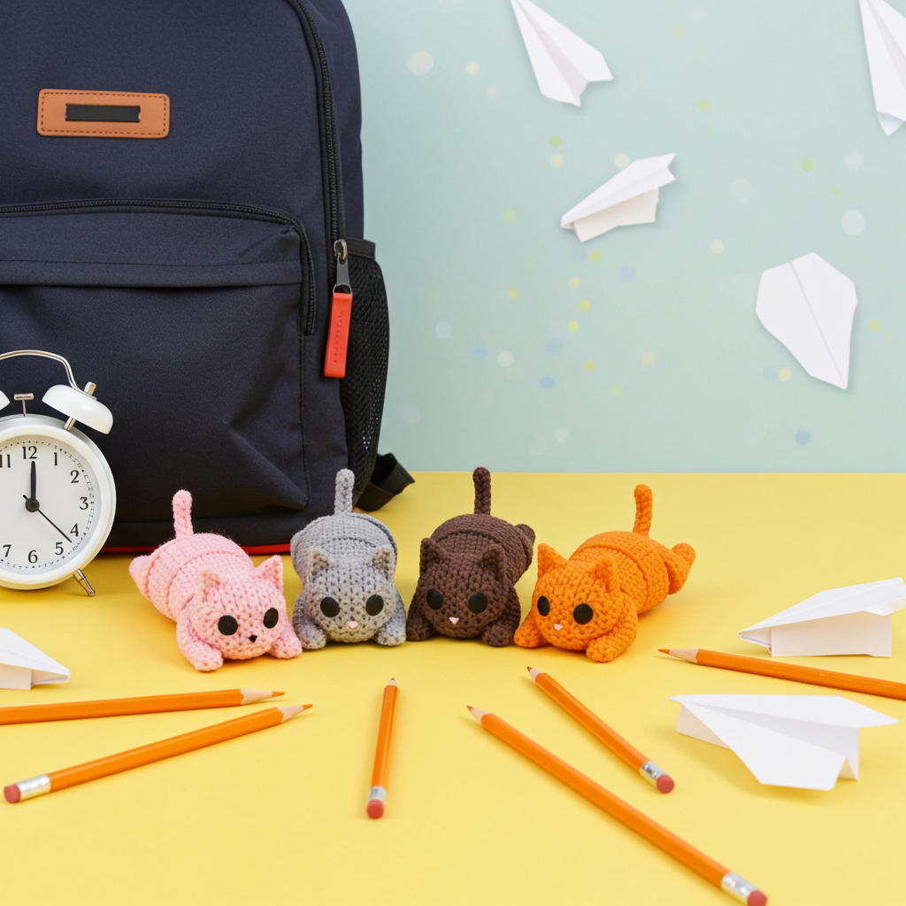 Backpack, alarm clock, pencils, and small 3D printed Cat shaped Fidget Toys on a yellow surface with a light blue background.