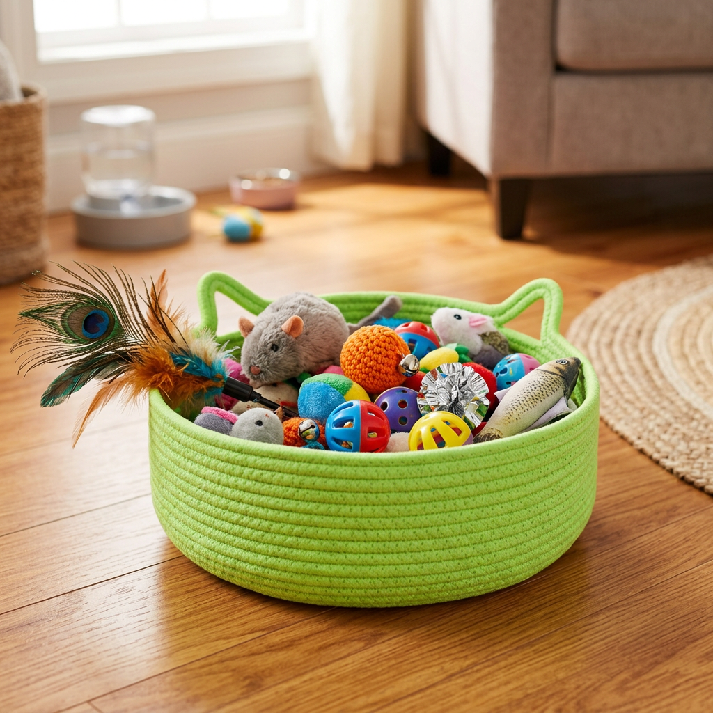 A bright lime green rope pet toy basket filled with colorful cat toys, including a peacock feather, a gray mouse toy, and knitted balls, set on a wooden floor in a cozy living room.