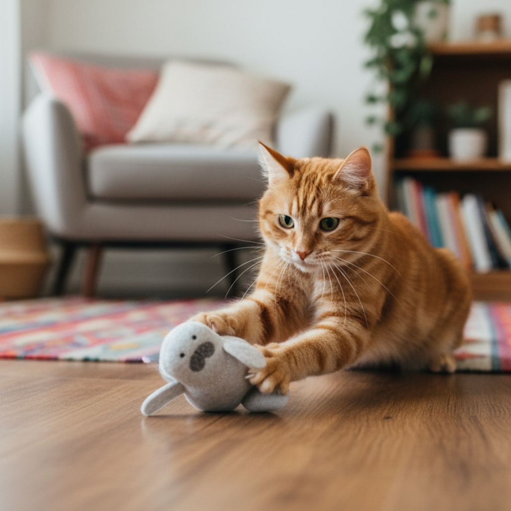 Orange cat playing with a Manatee plush cat toy on a wooden floor in a living room.