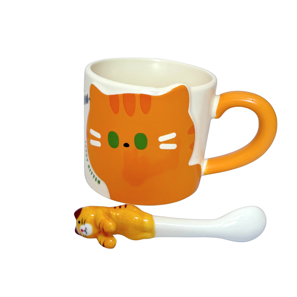 Bright Ceramic Cat Mug & Matching Spoon