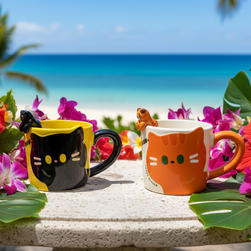 Two cat-shaped mugs on a stone surface with tropical flowers and ocean view