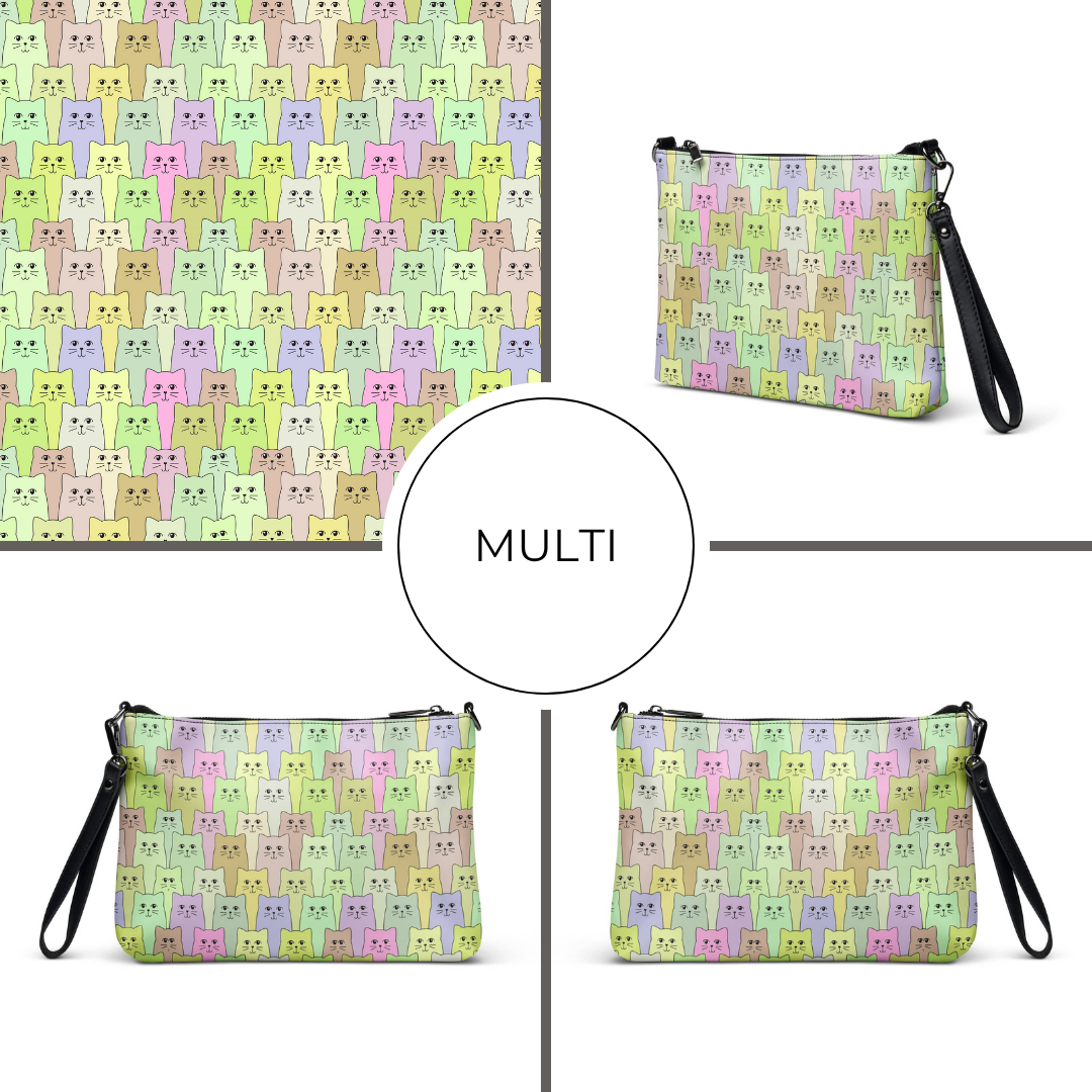 Pouches with a pastel cat pattern and 'MULTI' label