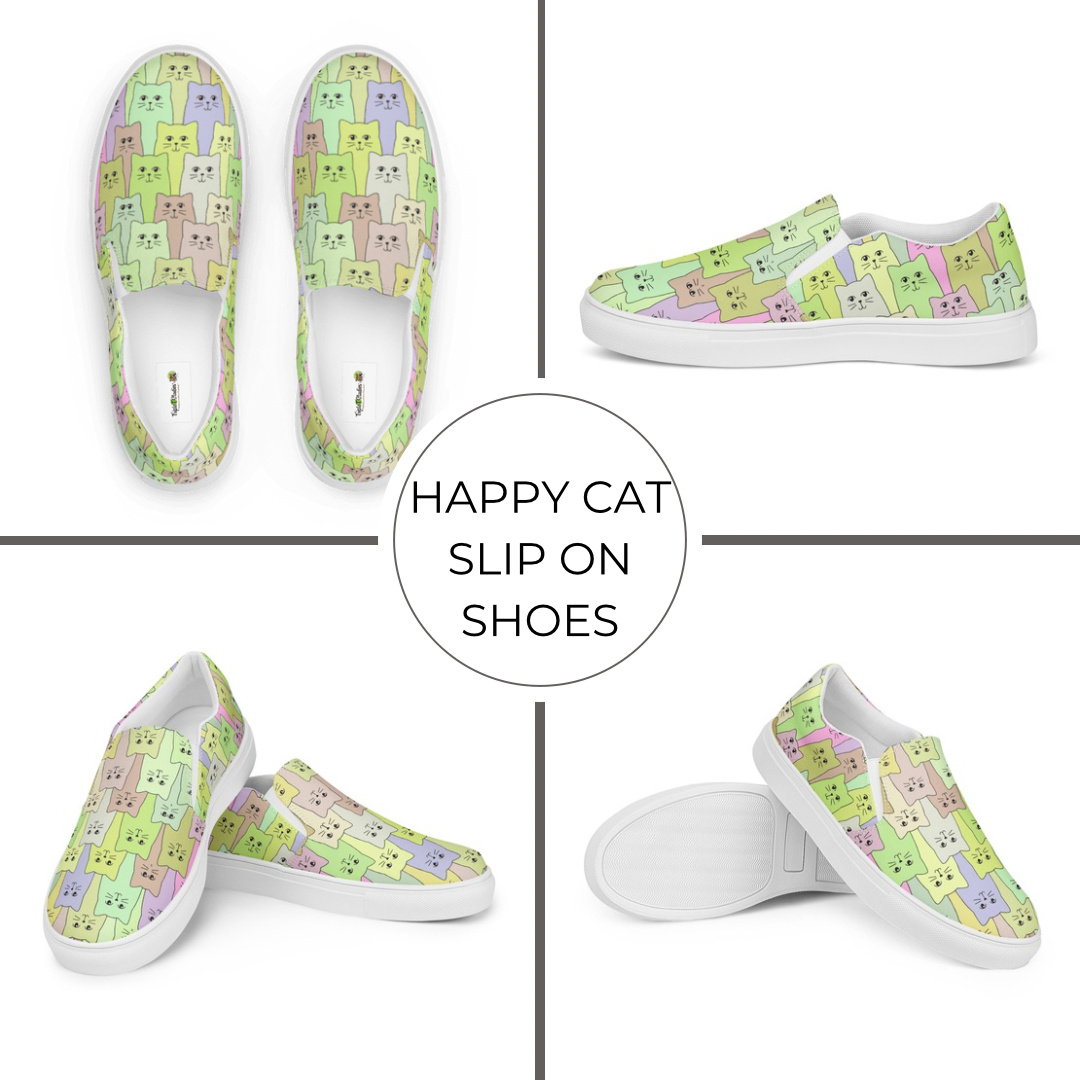 Colorful slip-on shoes with cat pattern and text 'Happy Cat Slip On Shoes' on a white background