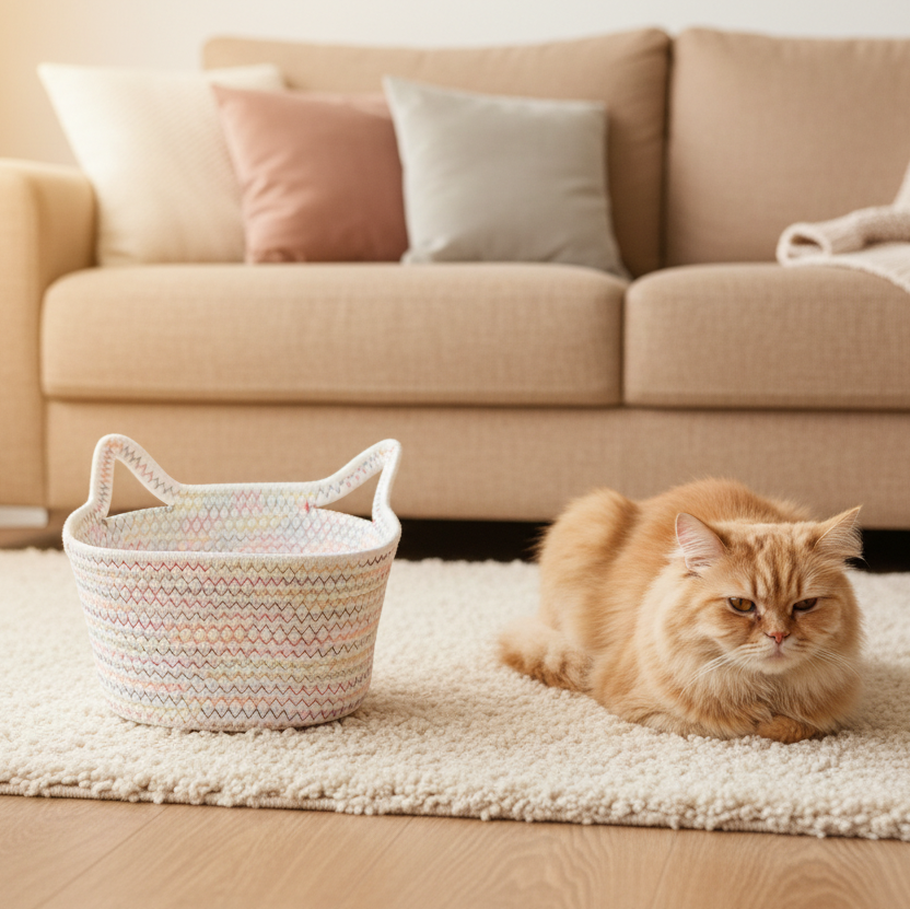 Cat lying on a rug next to a woven basket in a living room with a beige sofa.