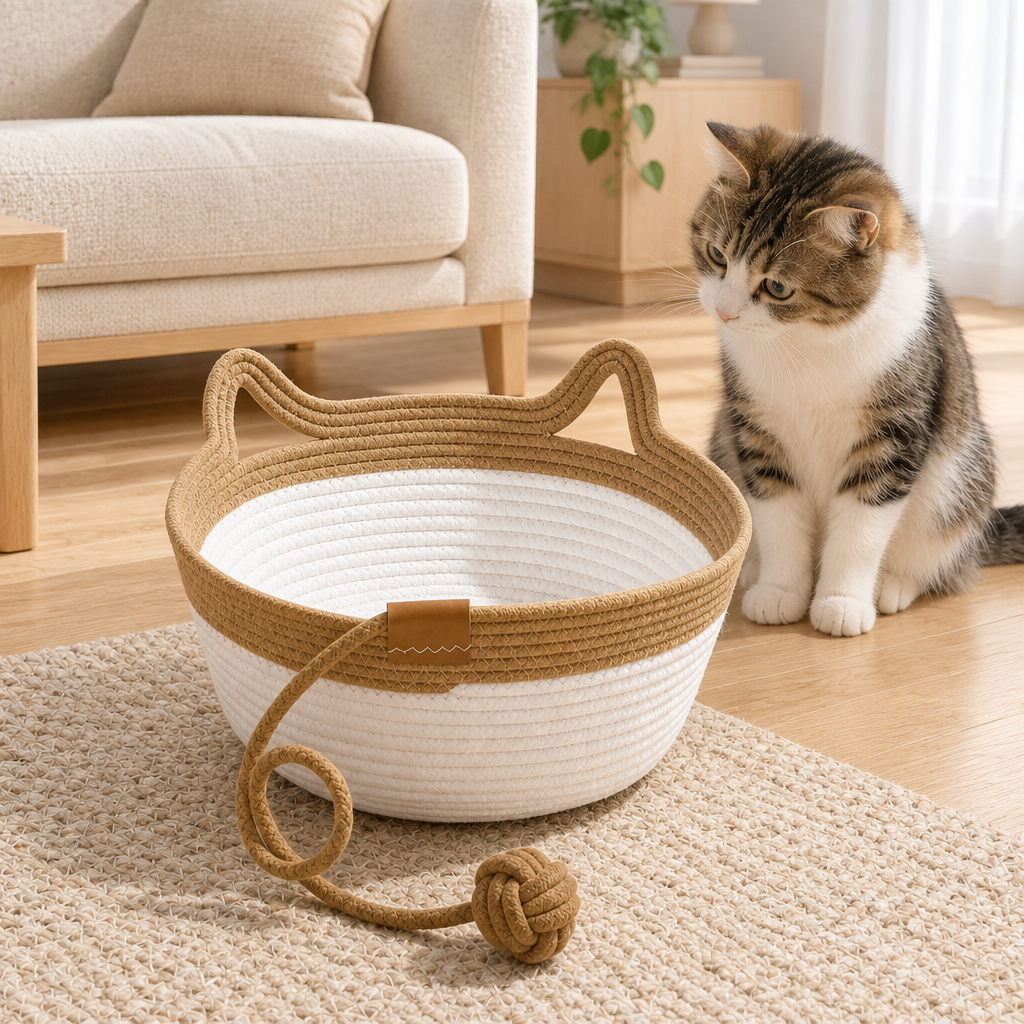 A cat toy woven rope basket with cat-ear handles sits on a rug in a bright living room, with a tabby-and-white cat sitting nearby.