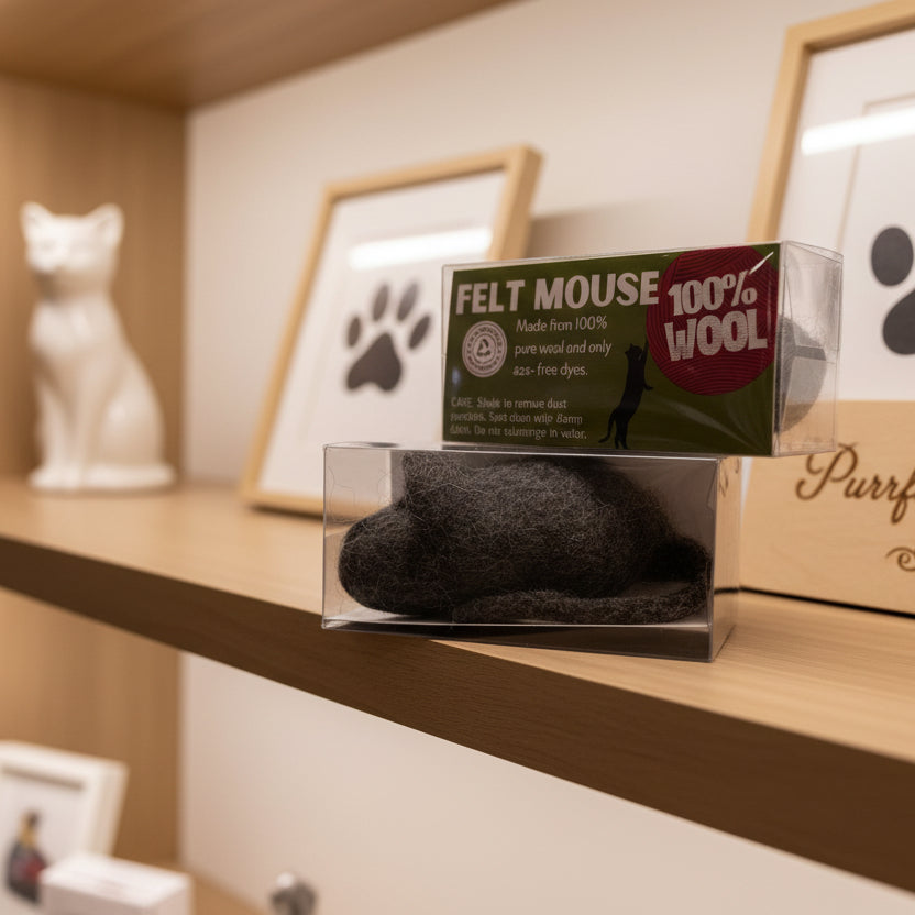 Felt mouse cat toy from Triple T Studios in a clear box 100% wool sits on a shelf in a retail store