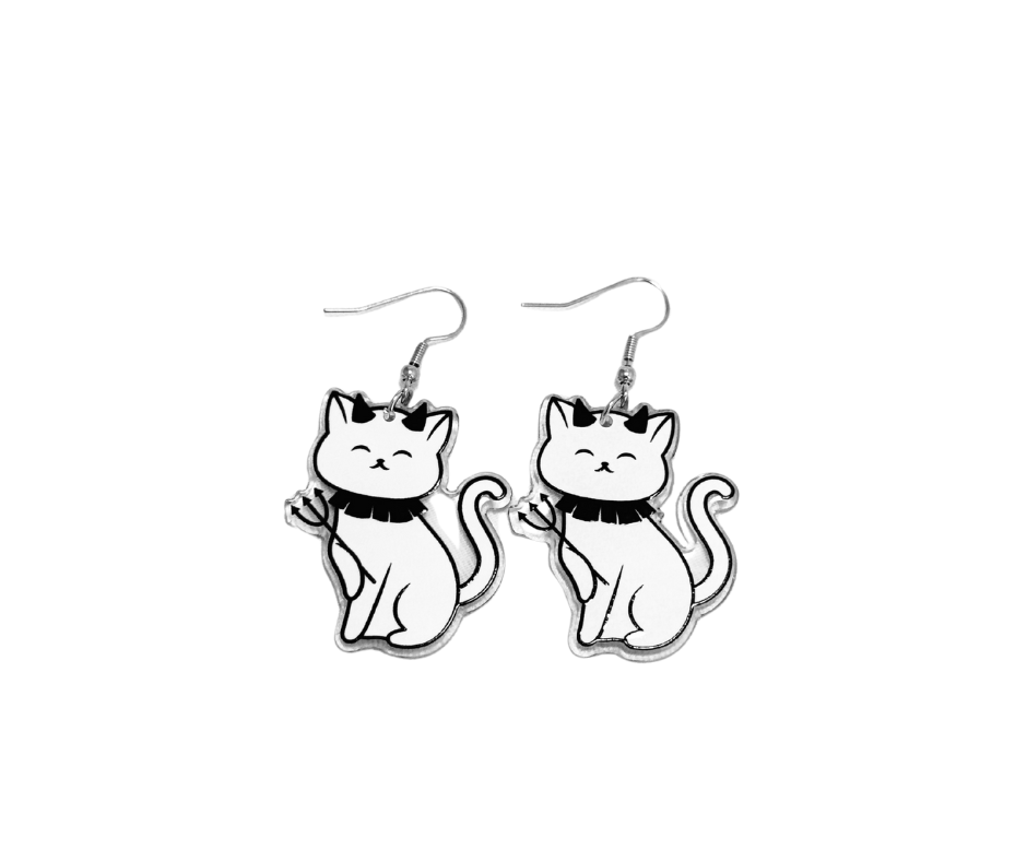 Cat-shaped earrings with devil horns and trident on a white background