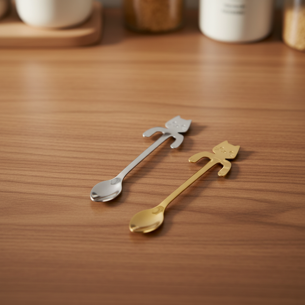 Two cat spoons one silver one gold laying on kitchen counter