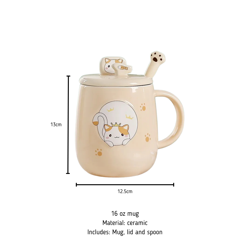 Ceramic mug with cat design, lid, and spoon on a white background with product dimensions