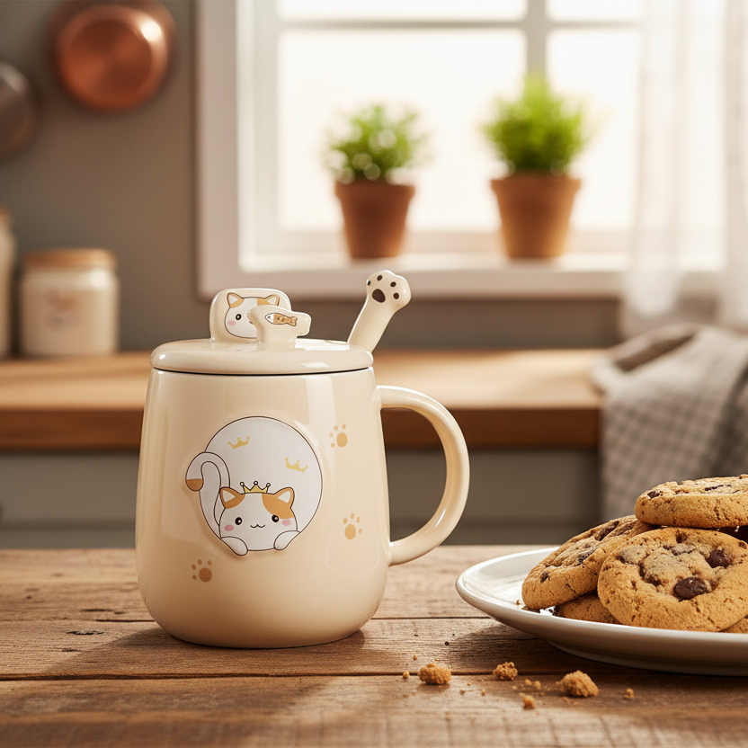 Cute mug with cat design on a wooden table with cookies
