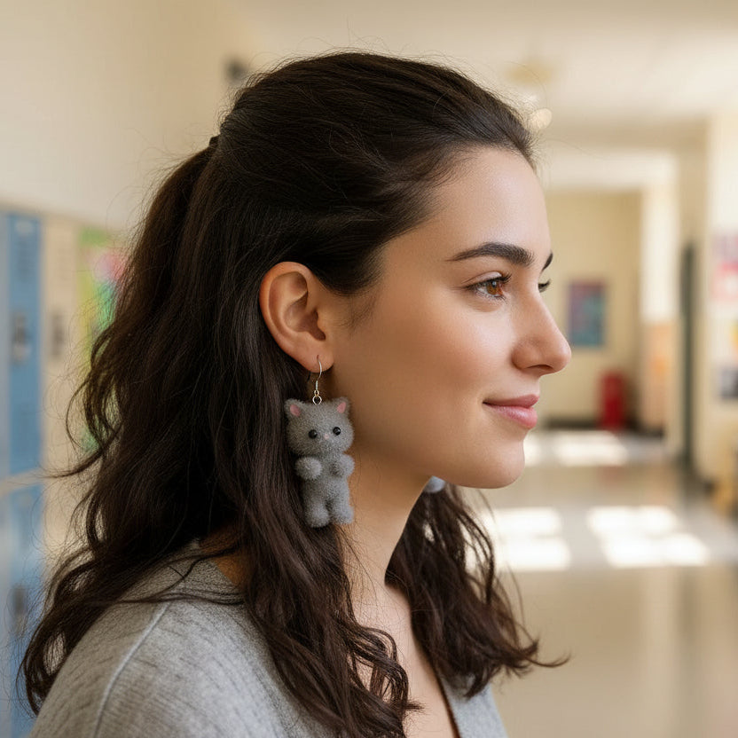 Gray cat-shaped earrings on a beige background
