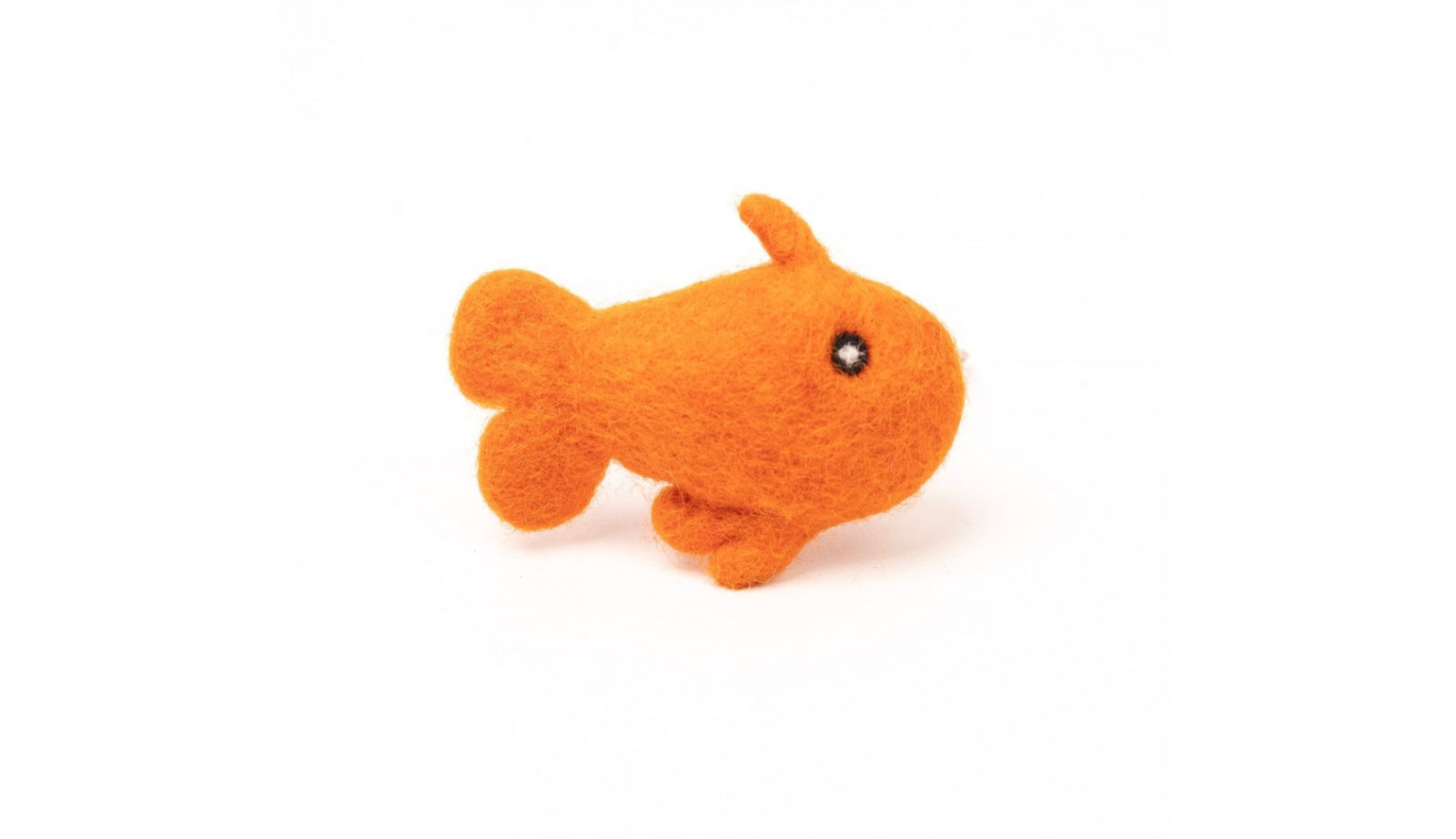 handmade orange wool felt goldfish eco-friendly Cat Toy balanced to look like it’s swimming.