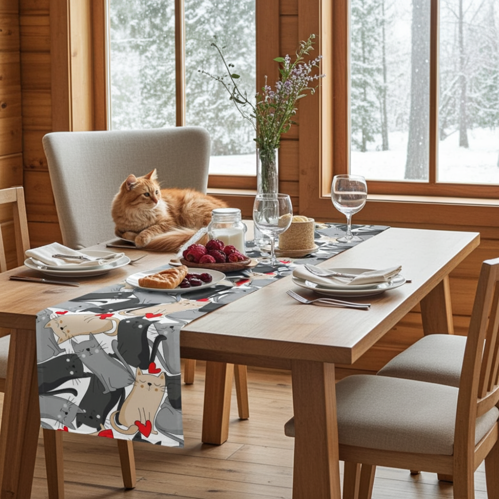 Dining table with a cat on a chair, set for a meal with a decorative cat-themed table runner.
