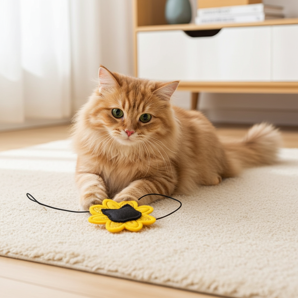 Cat lying on a rug with a yellow and black cat toy