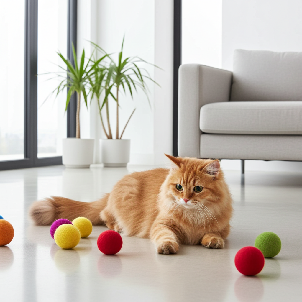 Orange cat playing with colorful 100% natural wool toys on a white floor.