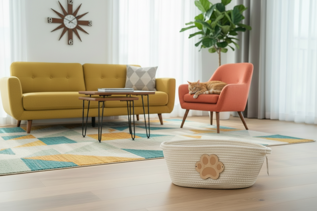 Living room with a yellow sofa, pink chair, and a cat lying on it, with a pet bed featuring a paw print design in the foreground.