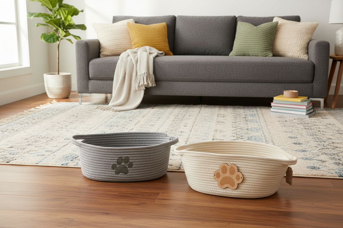 Two pet baskets on a wooden floor with a gray sofa and decorative pillows in the background.